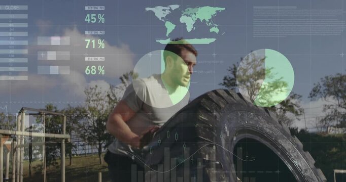 Man bracing, lifting and flipping tire for fitness as HUD analytics overlaying and intensifying