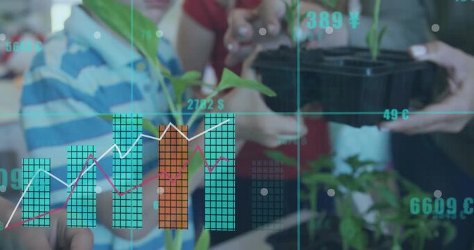 Child touching seed and potting as adult helping HUD charts rising over hands showing garden growth