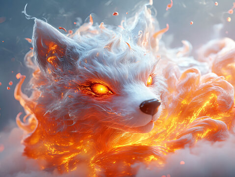 A wolf on fire of different colors. its piercing eyes and mystical aura radiating dominance and legend.