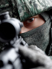 Naklejka premium Close up of a masked soldier in camouflage aiming through a rifle scope, focusing intensely on a target.