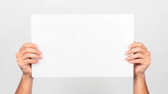 Hands holding blank white paper sheet isolated on white background for message or text