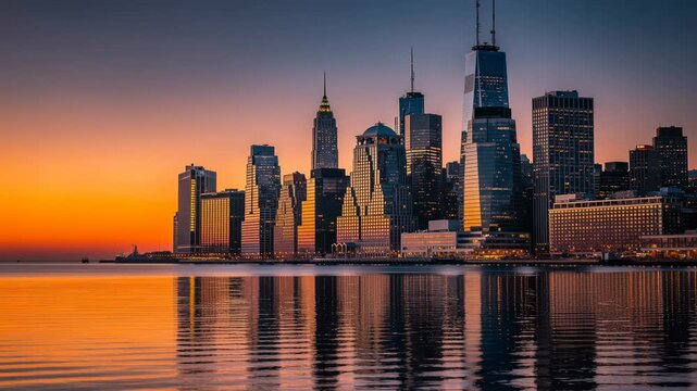 New York City skyline at sunset with reflective water and vibrant orange sky urban landscape