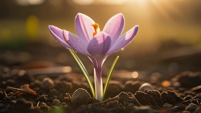 Close up of a blooming purple crocus flower in early morning sunlight with morning dew on petals
