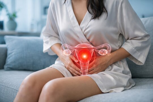 Jeune femme souffrant de douleurs menstruelles tenant son ventre avec une illustration d'ut&eacute;rus rouge lumineux, concept de sant&eacute; f&eacute;minine et d'endom&eacute;triose.