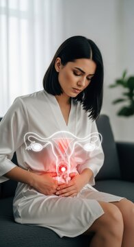 Mulher jovem sofrendo de dor p&eacute;lvica segurando o ventre com ilustra&ccedil;&atilde;o 3D luminosa de &uacute;tero vermelho, conceito de c&oacute;licas menstruais e sa&uacute;de feminina.