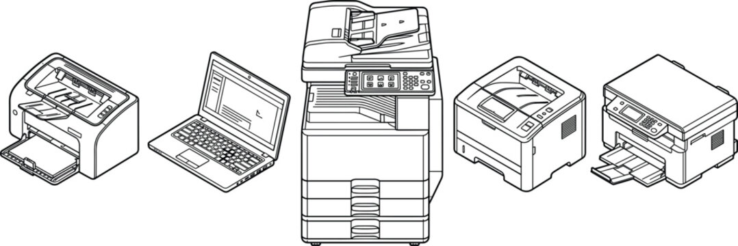 Collection of minimalist black and white line icons featuring various printers laptops and large office photocopiers.