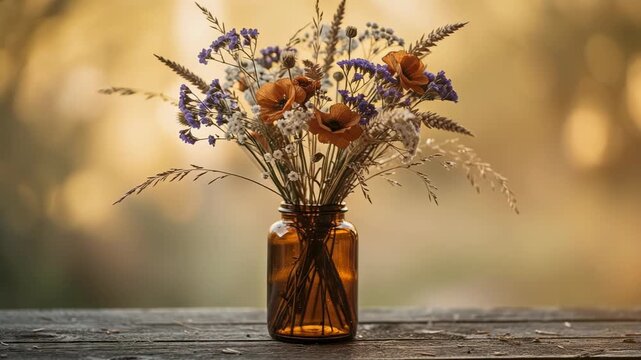 Rustic dried flower bouquet in amber glass vase on wooden surface with soft warm background light