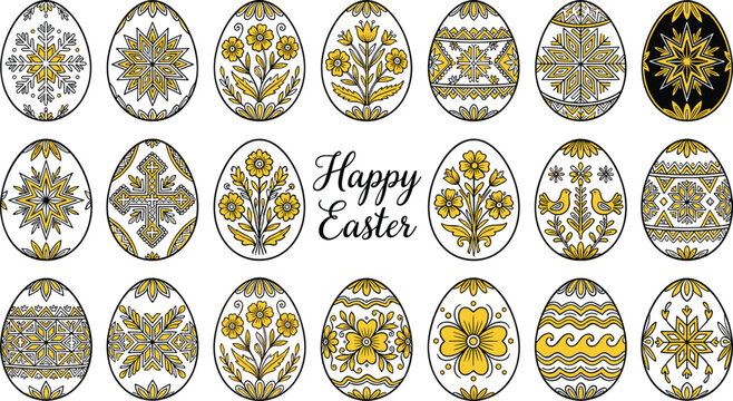 Collection of twenty decorative yellow and black Easter eggs featuring traditional folk art patterns and floral ornaments.