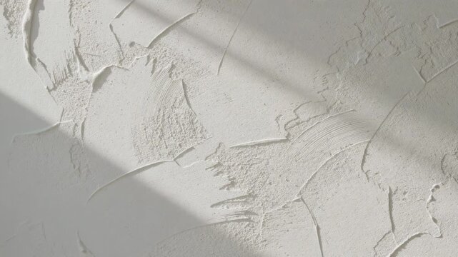 Close up of white textured plaster wall with natural light and shadow highlighting the surface details