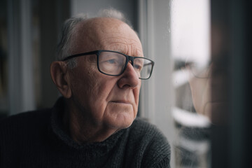 Fototapeta premium old man senior pensioner looking out the window in a retirement home old age