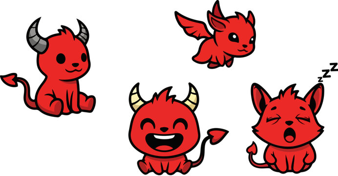 Cute red devil cartoon character set, 4 little demon vector icons with horns and wings, friendly hell creature mascot collection for gaming