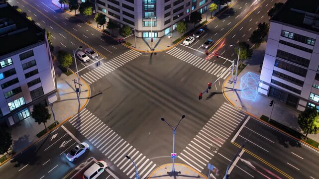 Nighttime City Intersection with Traffic and Neon Glow, Urban Landscape Photography, Modern Metropolis Scene.
