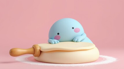 Fototapeta premium Cute blue creature peeks over dough. Rolling pin rests nearby, dusted with flour. Soft colors, playful scene.