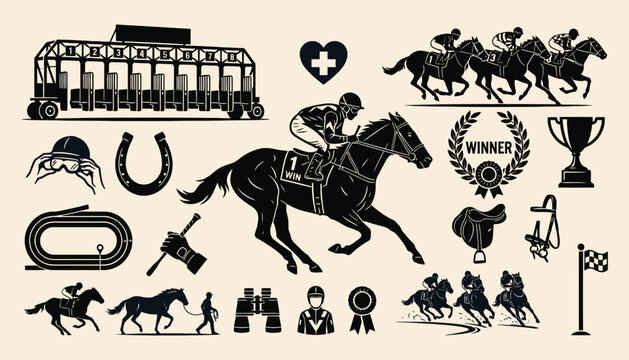 Vintage horse race elements with jockey and derby equipment