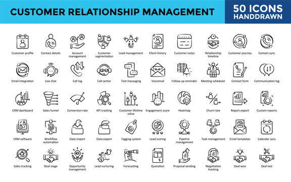 Customer Relationship Management icons set with customer profile, contact details, account management, customer segmentation, lead management, relationship timeline icon. Simple hand drawn vector 
