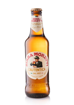 LONDON, UK - DECEMBER 15, 2025: Bottle of Birra Moretti lager beer on white background.
