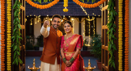 Obraz premium Happy Indian Couple Celebrates New Home with Traditional Decor