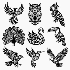 Obraz premium Tribal Bird Vector Icon Set featuring Phoenix Owl Peacock Swan and Eagle for Branding Logo Design Tattoo Flash and Apparel Graphics