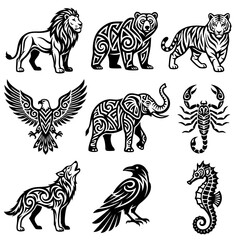 Obraz premium Tribal Animal Vector Icon Set featuring Lion Bear Tiger Eagle Elephant Scorpion Wolf Raven and Seahorse for Branding Logo Design Tattoo Flash and Apparel Graphics