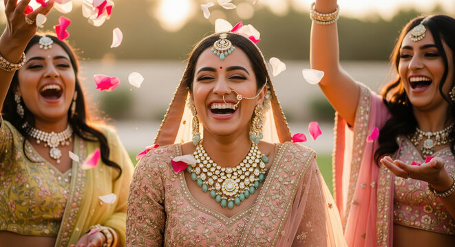 Joyful Indian Wedding Celebration with Bride and Friends