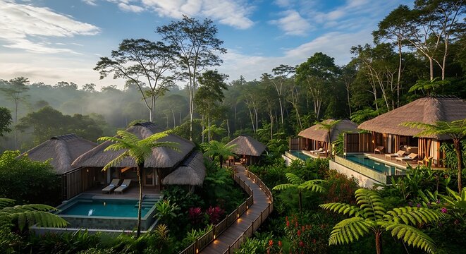 Luxurious resort villas with private pools nestled amidst a vibrant tropical rainforest, connected by a winding wooden walkway under a misty sky.