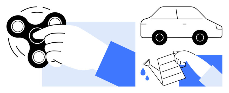 Relaxation tools, concentration aids, hobbies, movement, everyday objects, transportation. Hand spinning a fidget spinner, pouring liquid and a car. Relaxation tools and concentration aids