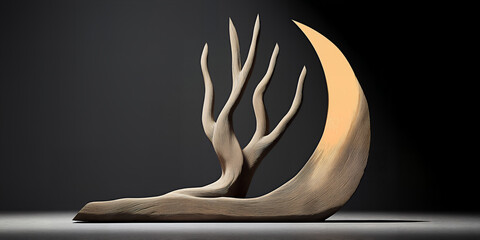 Obraz premium Plain depiction of one tree and moon crescent illuminated under detailed wooden grain background
