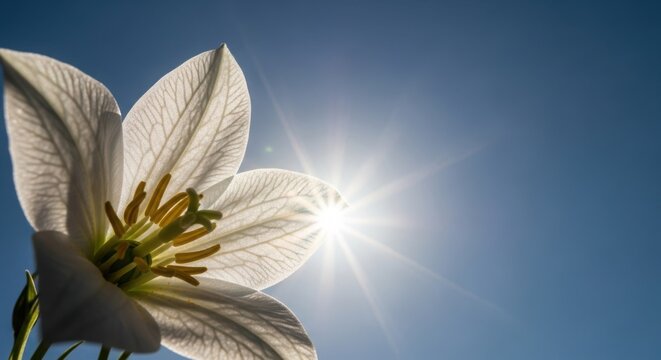 White lily flower under bright sun shining in clear blue sky. Beautiful white lily adds elegance to natural landscapes, creating calming ambiance for floral arrangements and outdoor decorations.