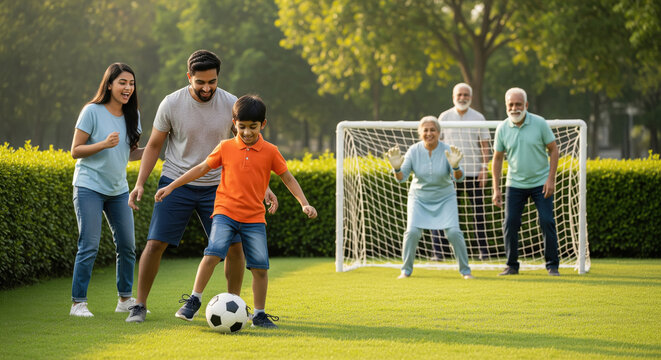 Happy Indian Family Playing Soccer Together in Park