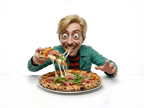 Homem loiro de jaqueta verde e camiseta listrada vermelha com preto e olhos grandes e expressivos comendo uma fatia de pizza com uma pizza na mesa branca