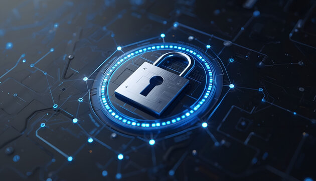 A silver padlock is secured in the center of a blue glowing circle on a dark circuit board background