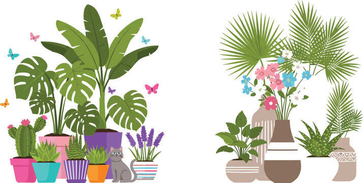 Indoor houseplants collection with tropical plants, flowers, pots and home decor elements for interior design flat vector illustration set