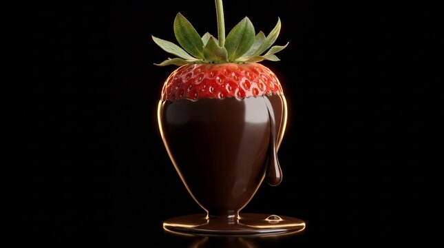 Hyperrealistic CGI luxury dark chocolate dipped strawberry 
macro with drip on black studio background, 
Godiva Lindt style premium confectionery commercial photography
