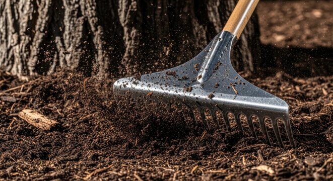 Raking mulch around tree trunk with metal rake and wooden handle, creating a tidy garden area. Raking mulch promotes healthy soil and plant growth, enhancing outdoor landscaping appeal.