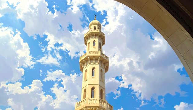 A tall beige tower stands under a blue sky with white clouds