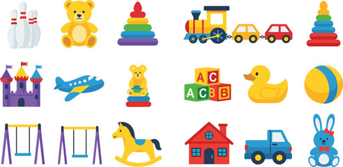 Naklejka premium Kids toys collection set including teddy bear, blocks, train, car, airplane, duck, castle, rocking horse and playground elements vector illustration