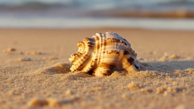 Macro shot of a seashell on the shore, soft sand texture, morning sun, tranquil atmosphere.