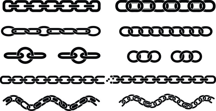 Chain link illustration set, decorative icons with straight, broken and wavy chains representing strength and connection theme - flat vector illustration