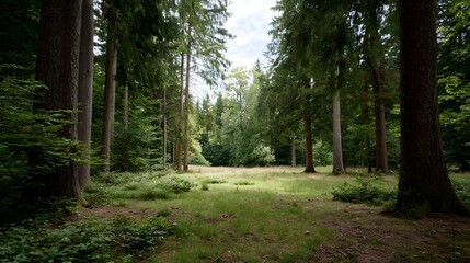 Obraz premium A serene forest clearing bathed in d d sunlight surrounded by tall majestic trees and lush green undergrowth