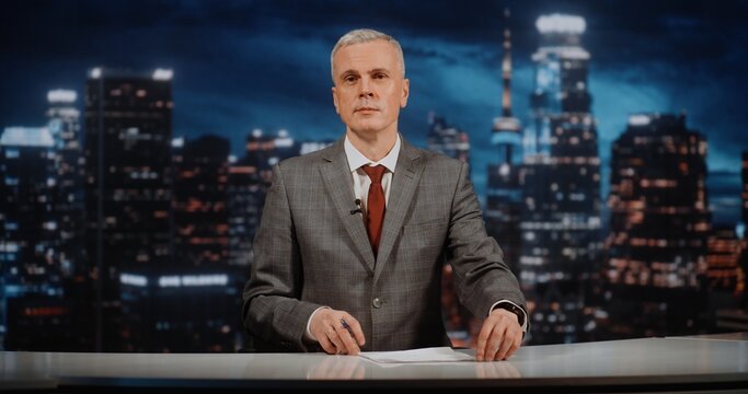 Professional Anchor Conducts Live Broadcast Focused on Global Instability and Diplomatic Confrontations. Persuasive Rhetoric and Analytical Commentary, Man Guides Viewers Complex International Issues.