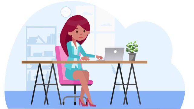 Young woman working on laptop at table in modern workspace, remote work and online education concept, productivity animation scene