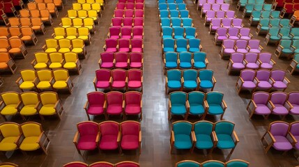 Fototapeta premium Overhead view of an empty colorful seating arrangement in a modern auditorium or conference hall featuring rows of vibrant chairs in distinct