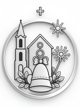 Set line Church building, Easter egg, bell and Aspergillum. Silver circle button. Vector
