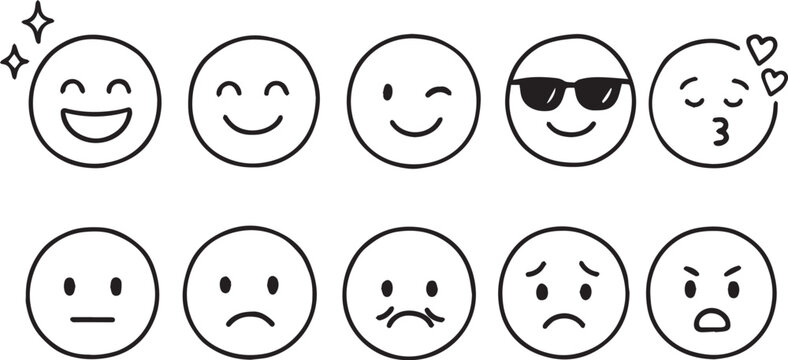 Professional Line-Art Emoji Set; 10 Circular Facial Expressions for Customer Feedback, Rating Scales, CSAT Surveys, and UI UX Sentiment Analysis; Vector Smiley Icons for Apps (EPS).