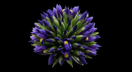 Obraz premium Vibrant purple flower arrangement showcasing stunning blooms with green foliage on dark background. Colorful floral display emphasizes natural beauty and freshness,