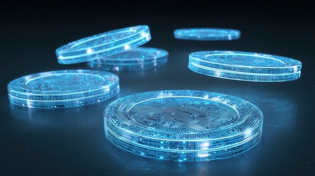 未来的なデジタルコインのイメージ。仮想通貨やブロックチェーン技術の説明に最適な素材。