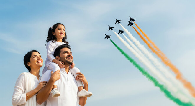 Indian family proudly watches airshow with national flag colors