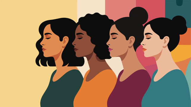 Diverse Women Group Profile Banner; Multicultural Female Empowerment Illustration for Diversity and Inclusion, Sisterhood, Mindfulness, and Corporate Social Responsibility Website Headers.