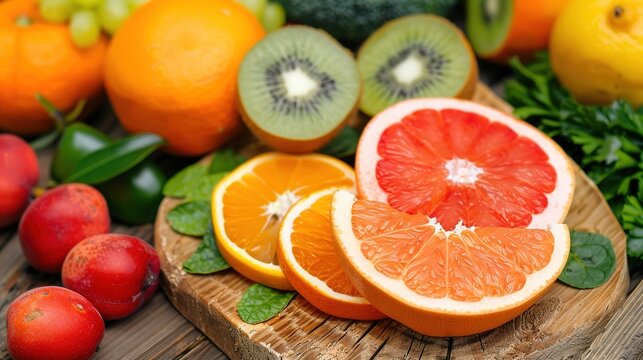 An array of nutritious foods high in vitamin C beautifully arranged on a rustic wooden board, promoting healthy eating and balanced nutrition. Fresh, colorful fruits and vegetables deliver natural vit