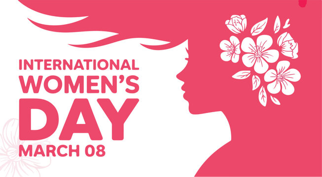 International Women's Day Horizontal Banner; Silhouette of Woman with Flowers and Flowing Hair on Pink Background for March 8 Celebration, Women Empowerment, and Social Media Header Illustration.